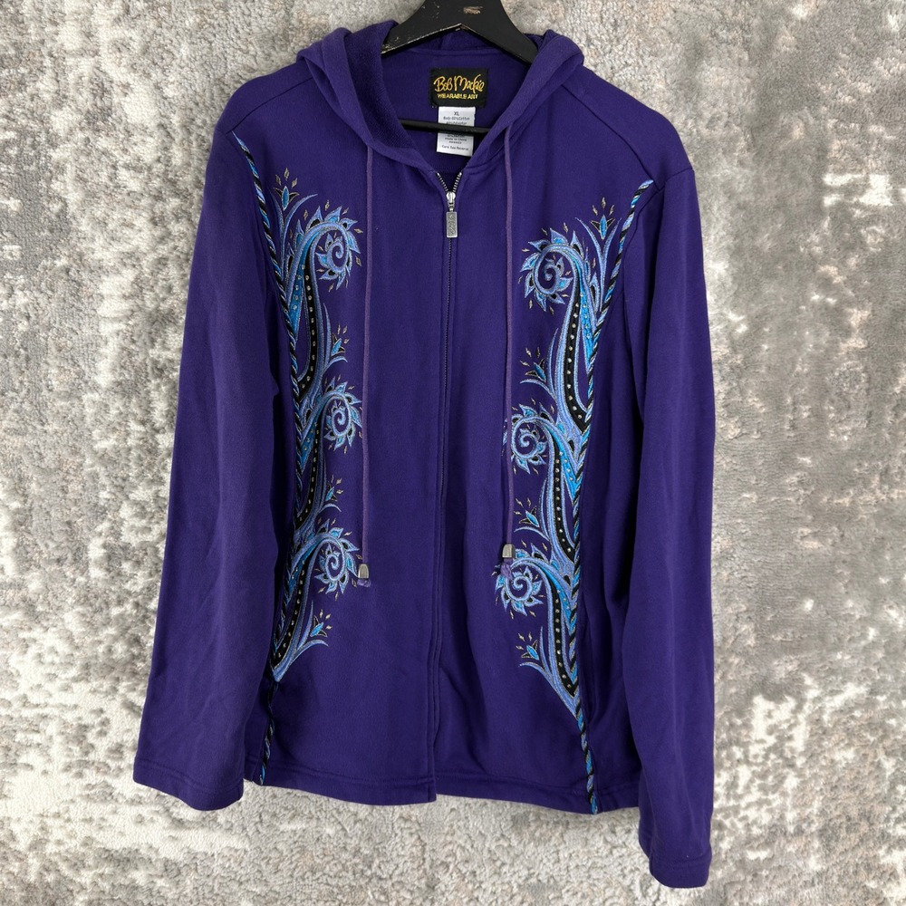 Bob Mackie Size XL Embroidered Paisley Zip Hoodie Purple Long Sleeve Women